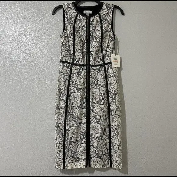 Calvin Klein | Dresses | Calvin Klein Womens White Black Floral Lace Faux  Leather Sheath Dress Sz 2 | Poshmark